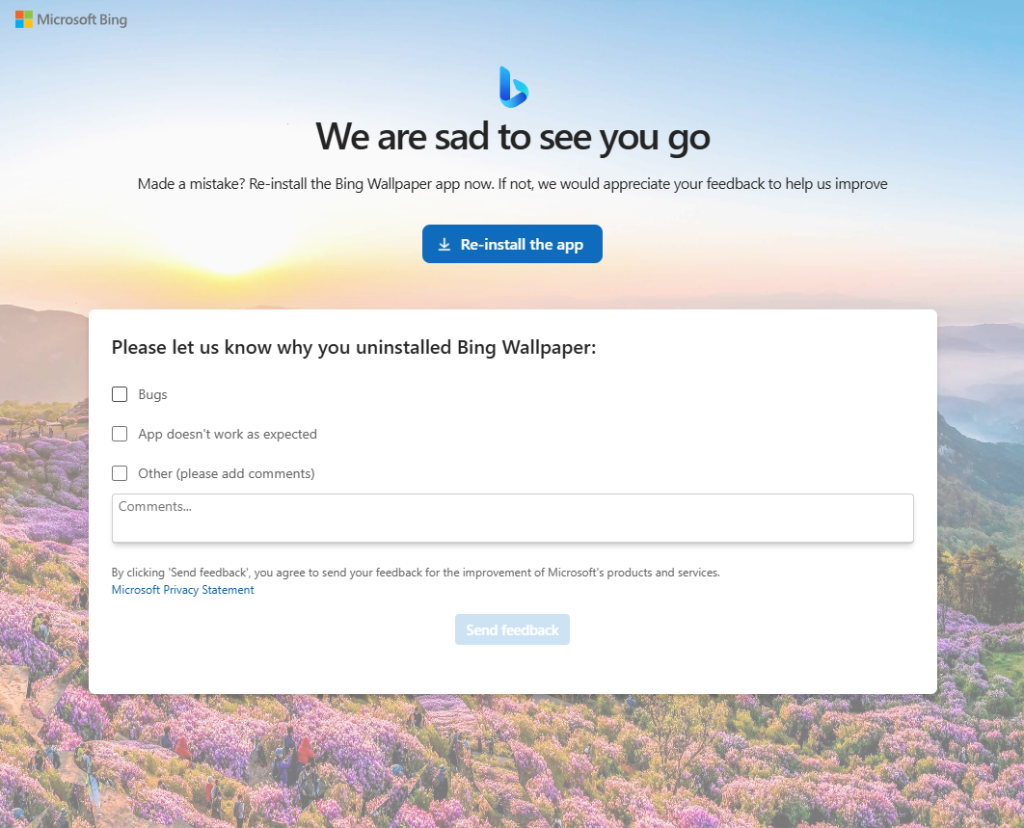 Bing Wallpaper goodbye message